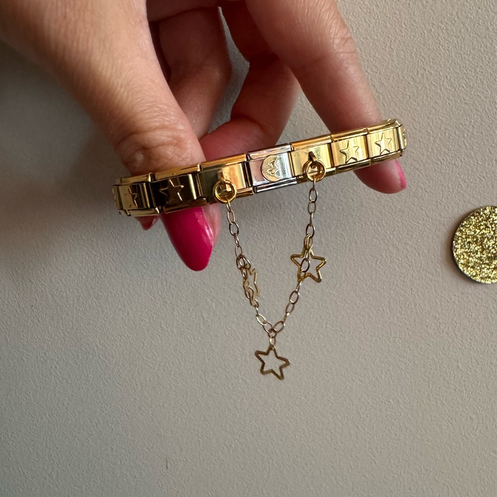 Celestial Gold-Tone Italian Charm Bracelet with Moon, Stars & Dangling Stars
